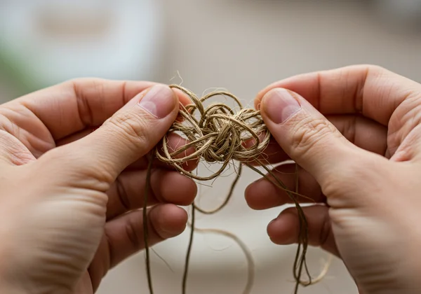 Hands gently untangling complex threads, symbolizing trauma healing