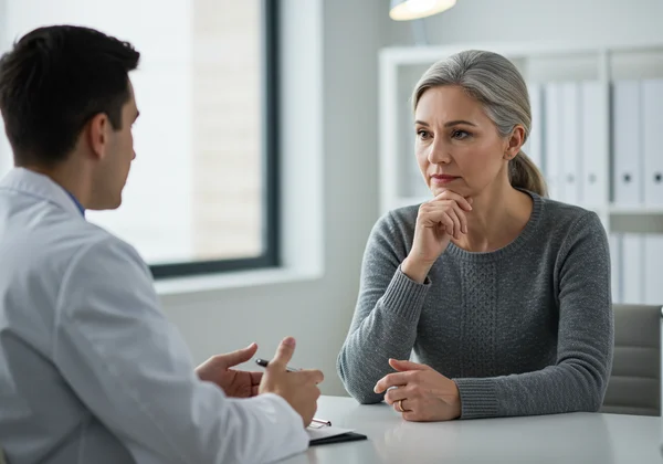 Patient and doctor having a sensitive conversation in a clinic