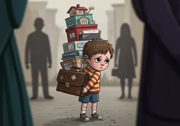 Child burdened by adult responsibilities, symbolizing parentification