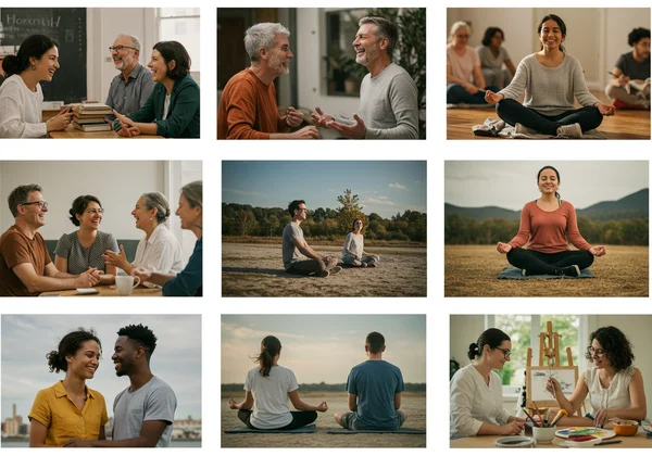 Diverse adults engaging in community, mindfulness, mentoring