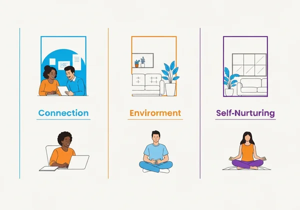 Icons representing self-care, connection, and a safe environment