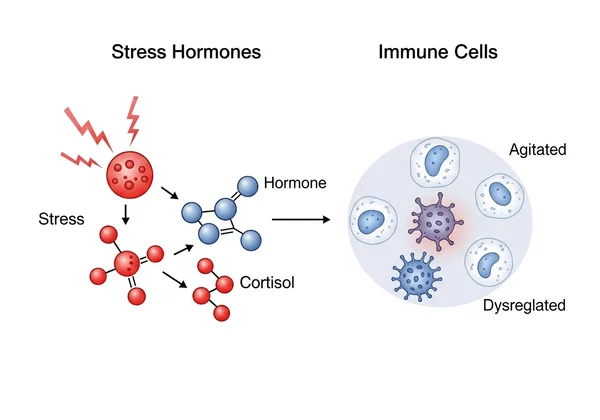 Diagram showing stress hormones affecting immune cells