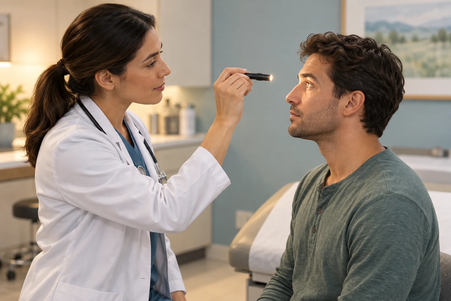 Clinician checking pupil response with a penlight